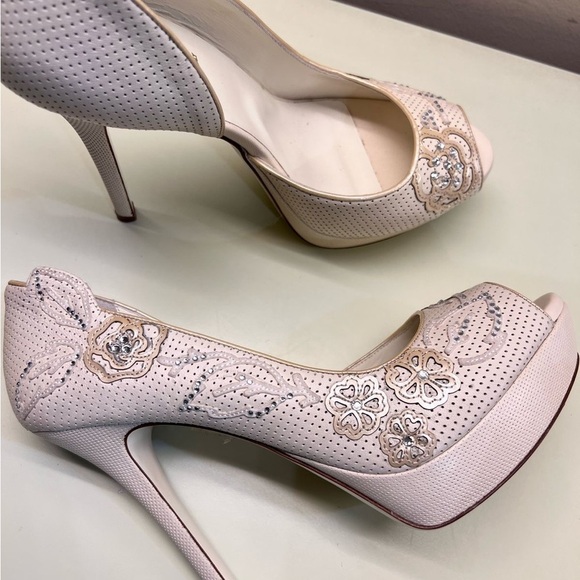 LORIBLU LEATHER MADE IN ITAKY Elegant Cream Peep-Toe Heels Swarovski crystals - Picture 7 of 15